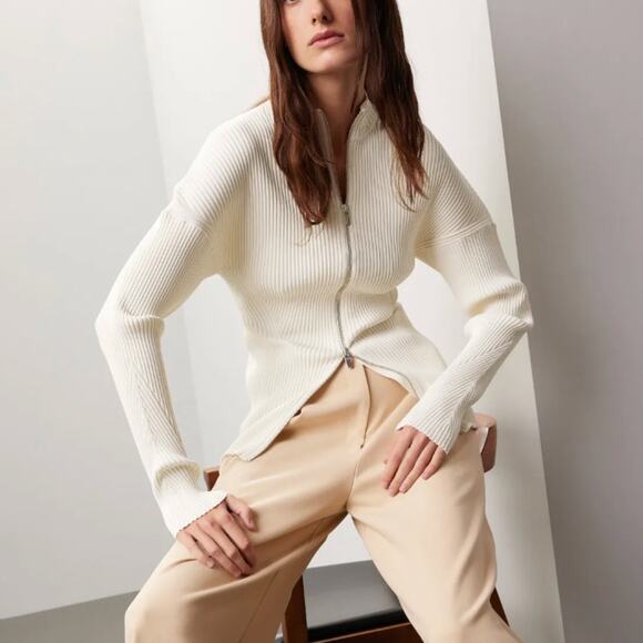 A.L.C. White Ribbed Knit Full Zip Sweater LARGE Work Quiet Luxury Designer $500 - Picture 9 of 14